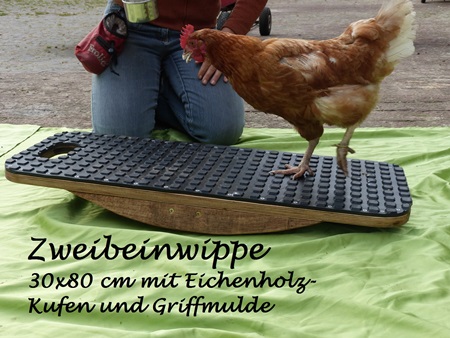 Huhn Fiffy auf der Zweibeinwippe