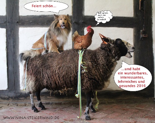 Ein Schaf, auf dem ein Hund und ein Huhn sitzen