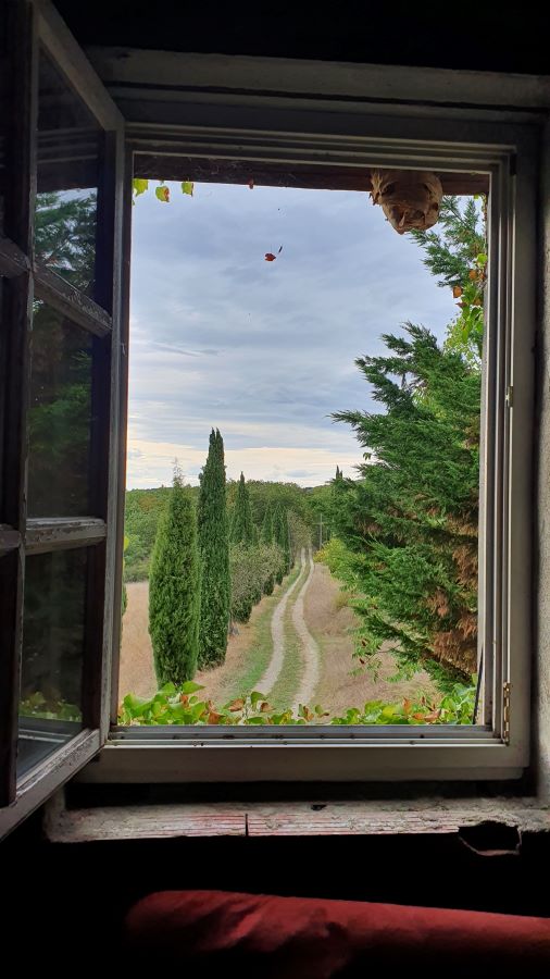 Fenster im Renovierungsbereich mit wunderschönem Ausblick auf die Einfahrt von Le Matou